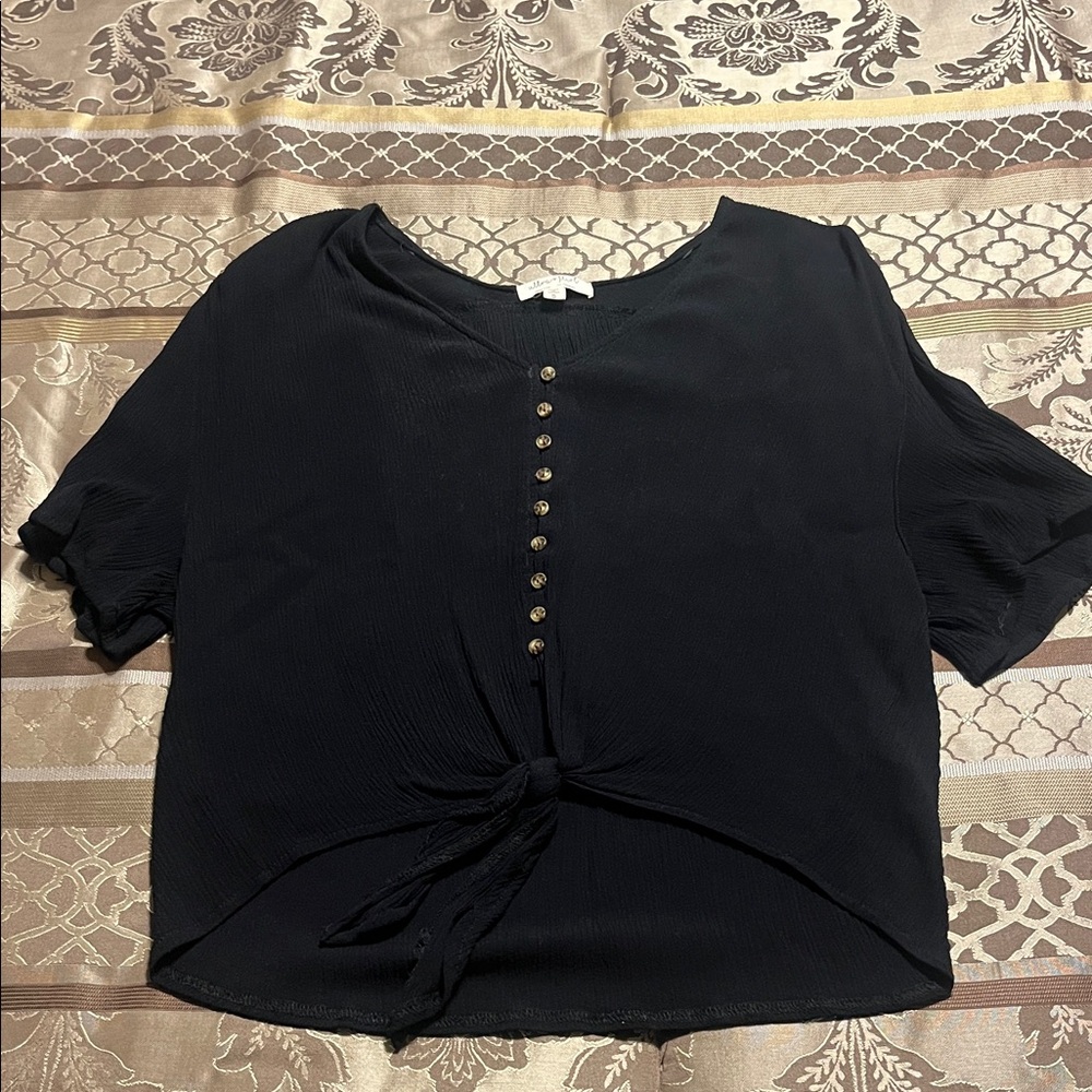 Ultra Flirt Black Button-Down Tie-Front Top